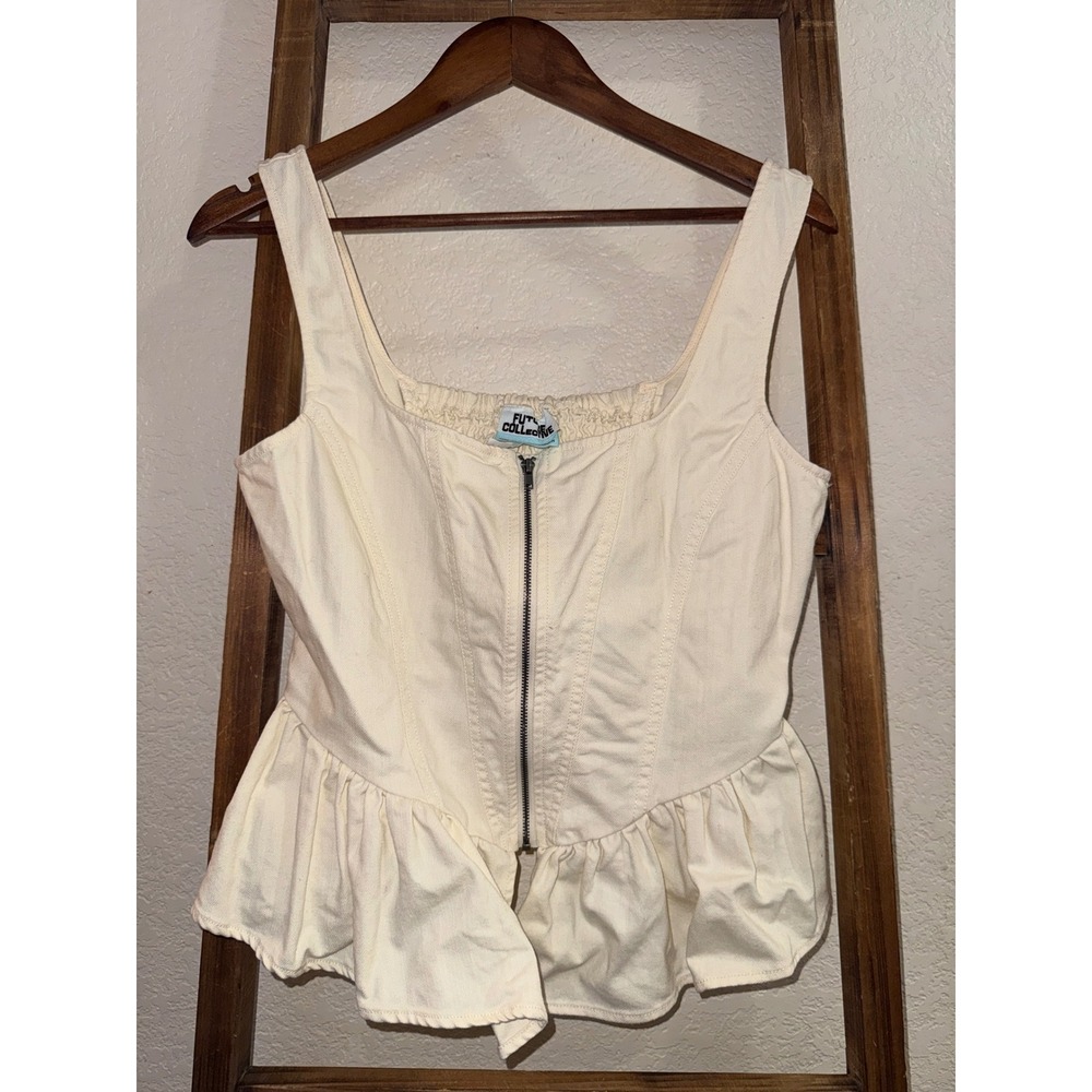 Future Collective Gabriella Karefa-Johnson Cream Denim Peplum Zip Front Top S
